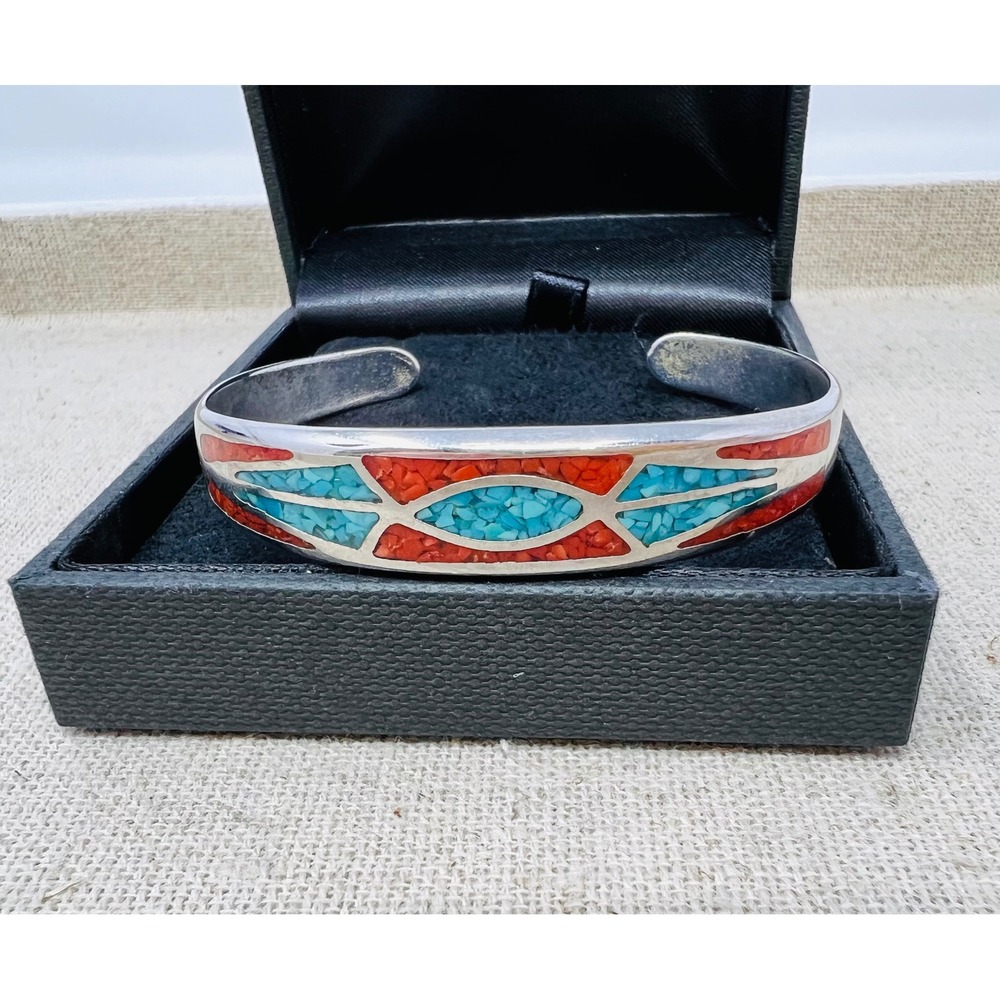 Vintage Turquoise & Coral Chip Inlay Silver Tone Geometric Cuff Bracelet